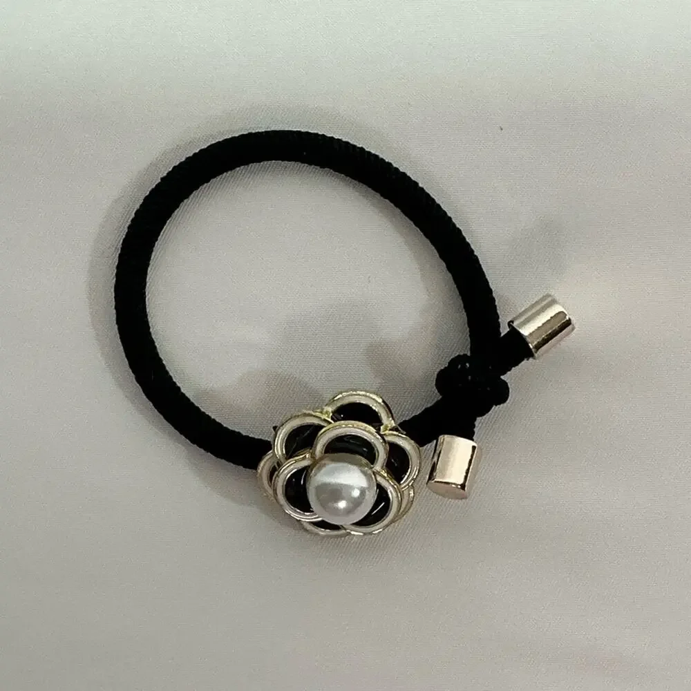 Camellia Flower Black Hair Tie with Gold Flower and Pearl Accent